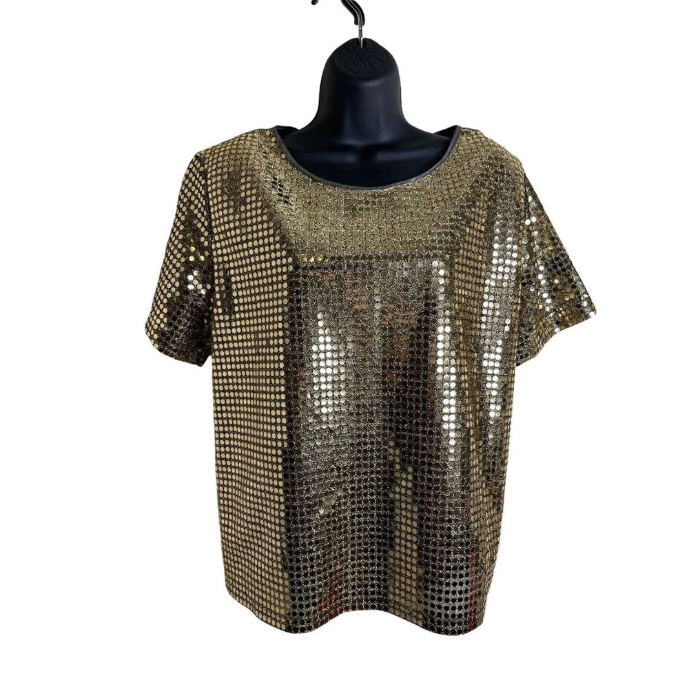 Trimmings Sequin Top Women Size L Gold Silver Short Sleeve NWT Blouse